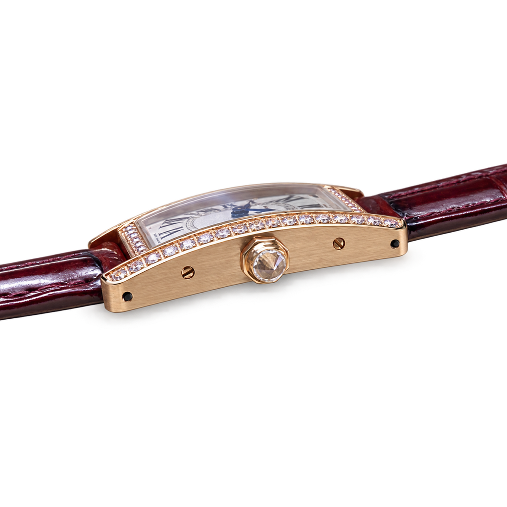 Cartier Tank Américaine Small — 18K Rose Gold, Diamond Bezel, Silver Dial & Burgundy Alligator Strap, Women