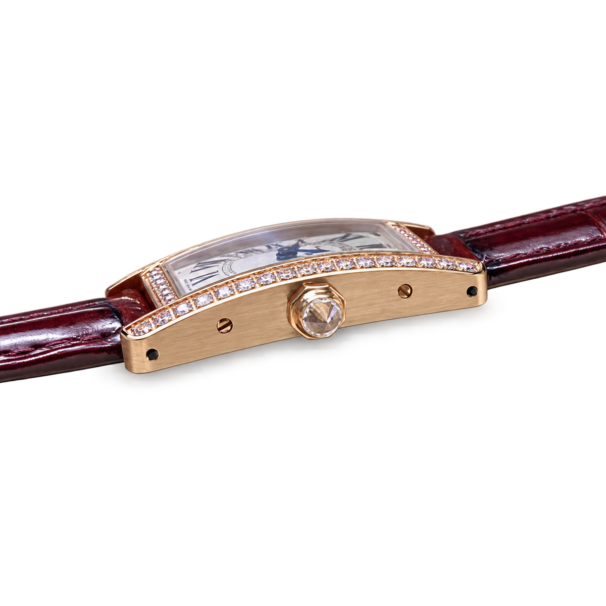 Cartier Tank Américaine Small — 18K Rose Gold, Diamond Bezel, Silver Dial & Burgundy Alligator Strap, Women