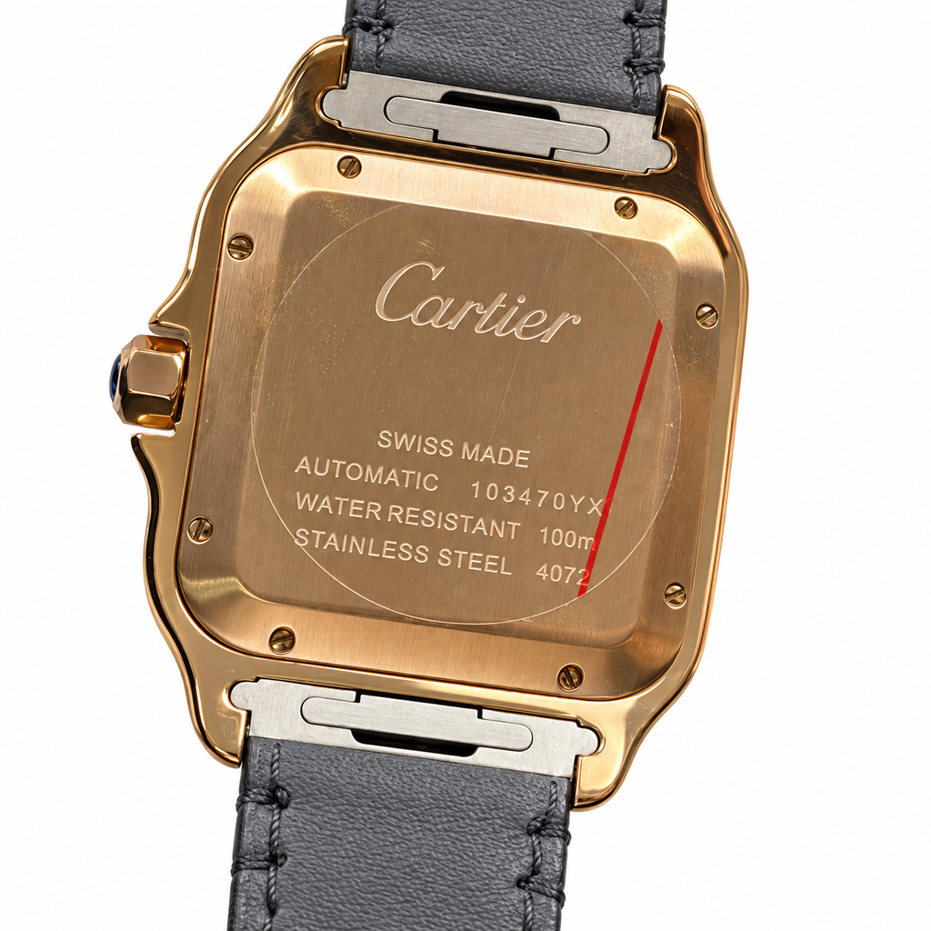 Cartier Santos Large Rose Gold White Dial Blue Hands Date Automatic Black Strap Watch – KDY