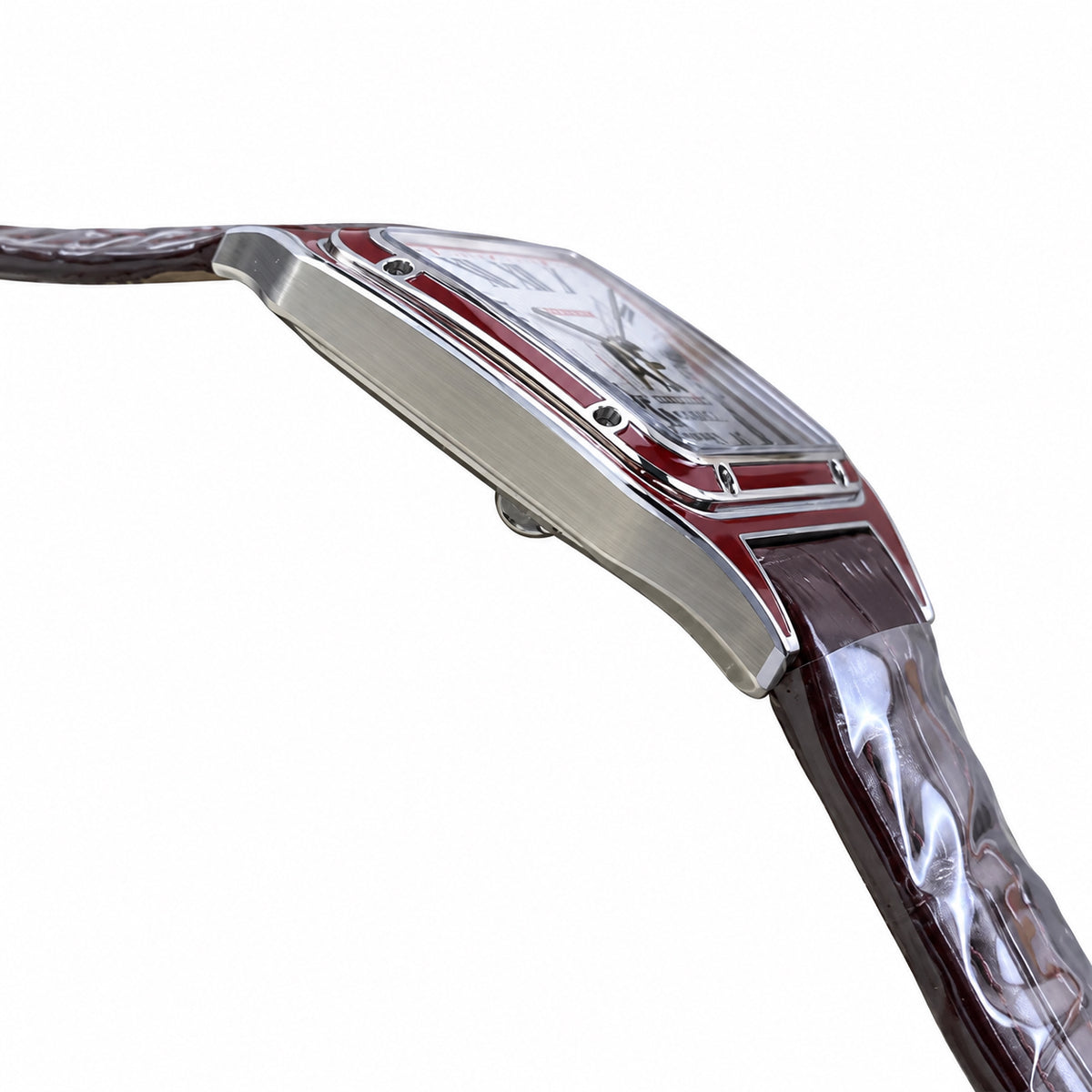Cartier Santos-Dumont Large — Steel, Burgundy Enamel Bezel, White Dial, Roman Numerals & Burgundy Alligator Strap, Quartz
