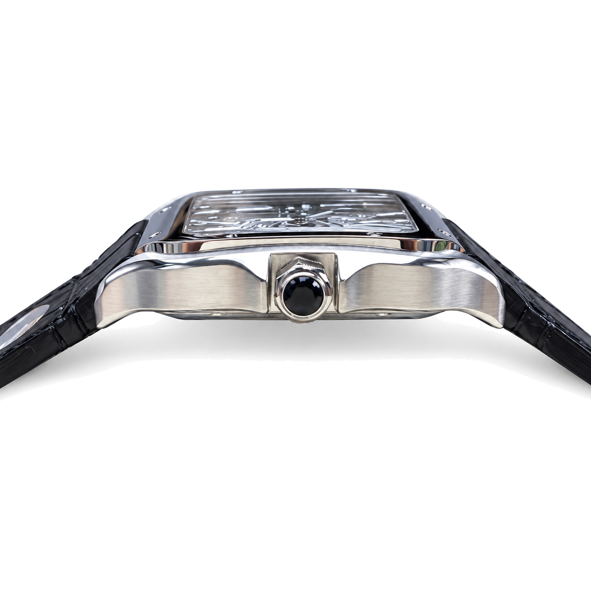 Cartier Santos de Cartier Skeleton — Stainless Steel, Green Roman Numerals & Black Leather Strap