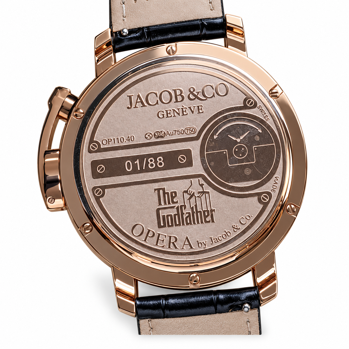Jacob & Co. Godfather Minute Repeater Rose Gold Skeleton Black Leather Watch