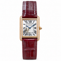 Cartier Tank Louis Cartier Small 18K Rose Gold Diamond-Set Lugs Silver Guilloché Dial Quartz Burgundy Alligator Strap Watch AF Certified