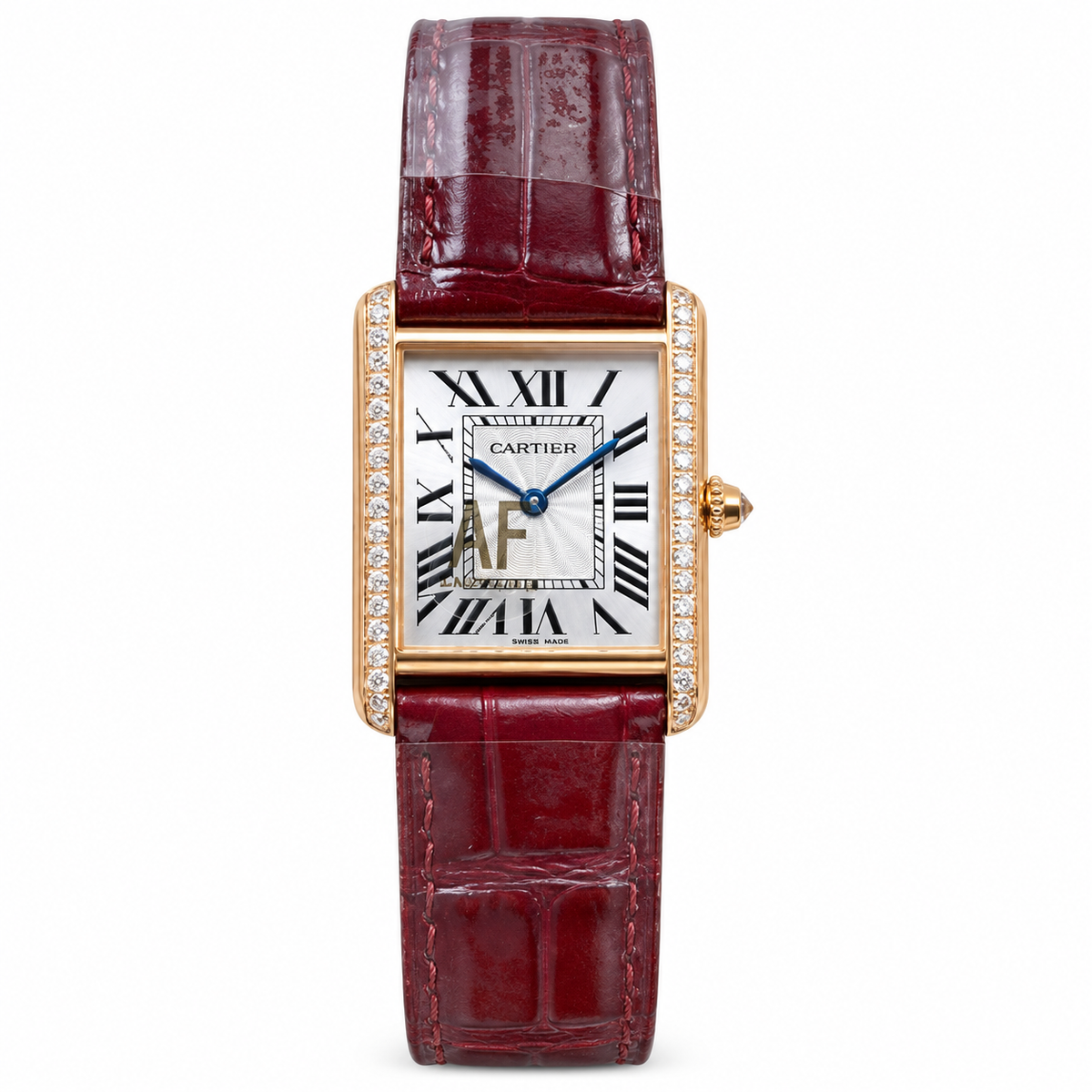 Cartier Tank Louis Cartier Small 18K Rose Gold Diamond-Set Lugs Silver Guilloché Dial Quartz Burgundy Alligator Strap Watch AF Certified