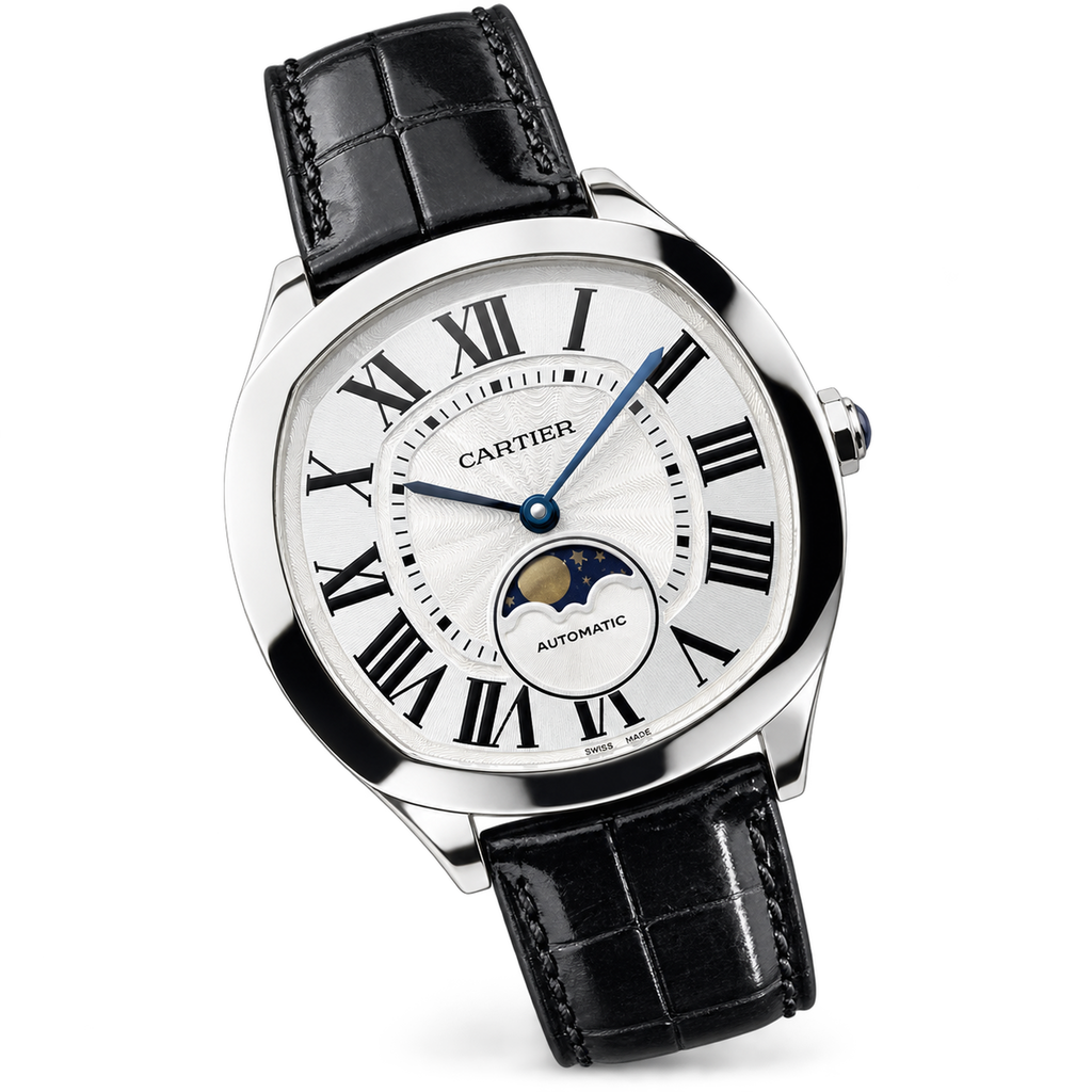 Cartier Drive de Cartier — Steel, White Dial, Moon Phase & Black Alligator Strap, Automatic