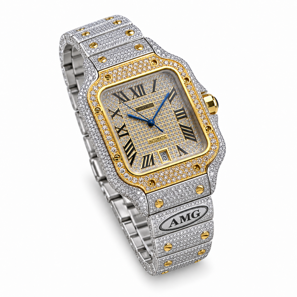 Cartier Santos Iced Out Full Pavé Diamond Two-Tone Yellow Gold Steel Automatic Luxury Watch Swiss Made
