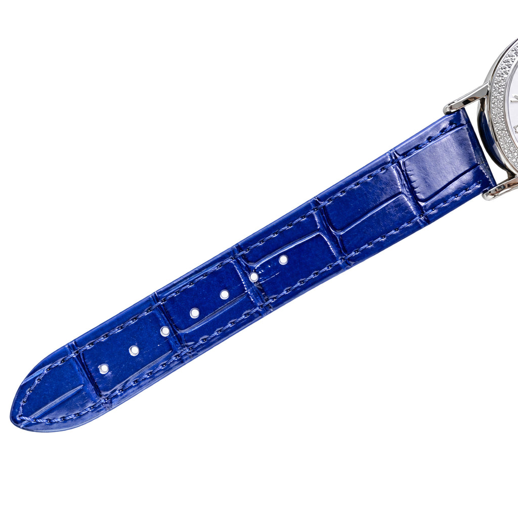 Patek Philippe Calatrava Ref. 7200G — 18K White Gold, Diamond Bezel, White MOP Dial & Blue Alligator Strap, Women