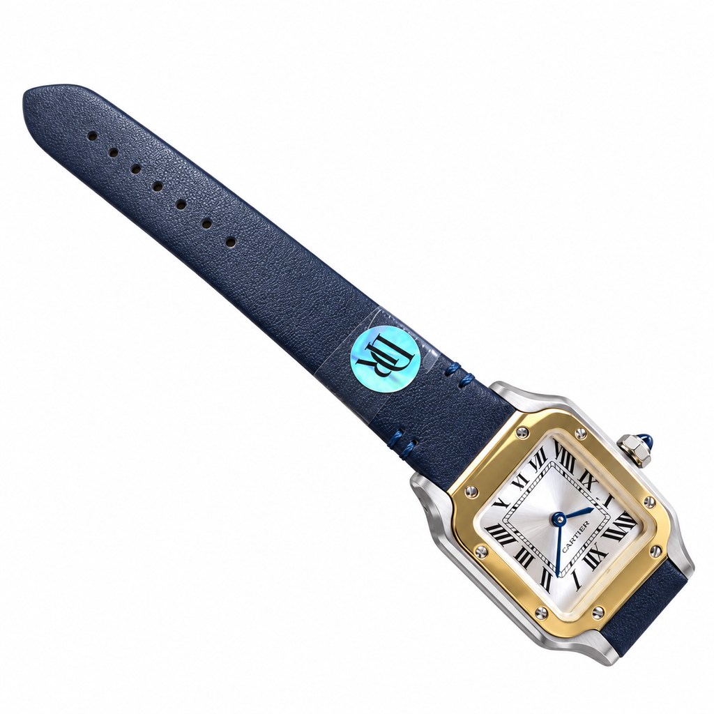 Cartier Santos Small Steel Yellow Gold Two-Tone Silver Dial Quartz Navy Strap Watch – KDY