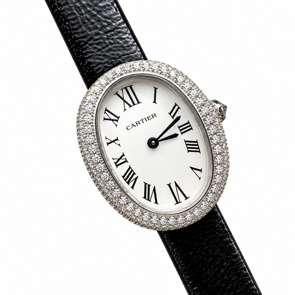 Cartier Baignoire — 18K White Gold, Double Diamond Bezel & Black Leather Strap