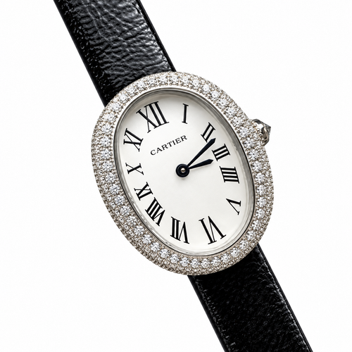 Cartier Baignoire — 18K White Gold, Double Diamond Bezel & Black Leather Strap
