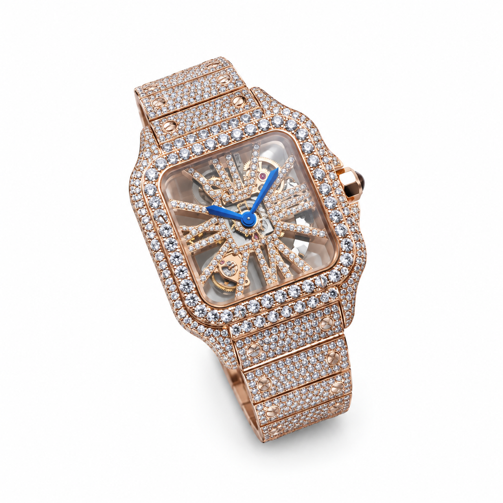 Cartier Santos Large Skeleton — 18K Rose Gold, Full Diamond Case & Bracelet, Skeleton Dial, Automatic