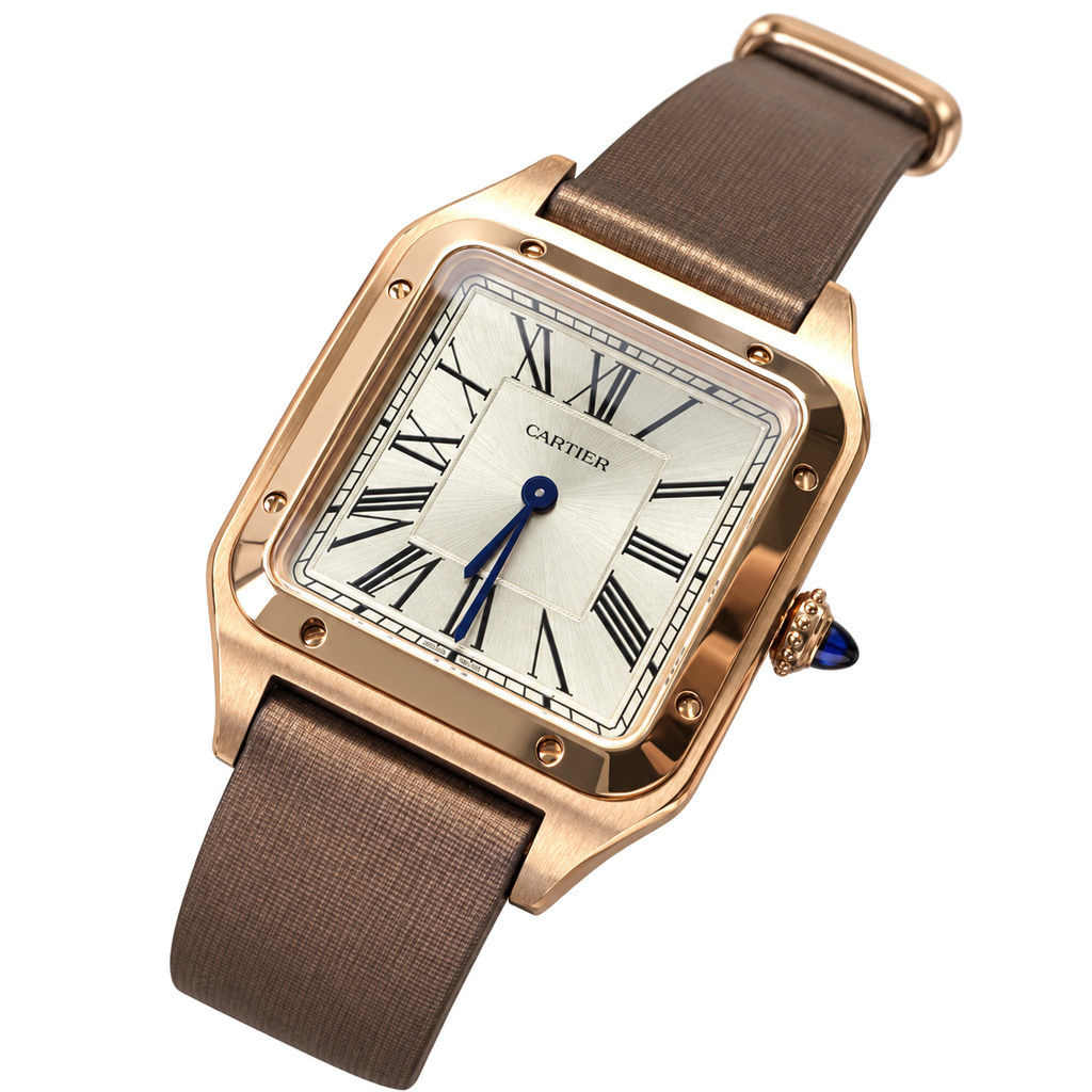 Cartier Santos-Dumont Large Rose Gold Silver Dial Manual Silk Strap Watch – KDY