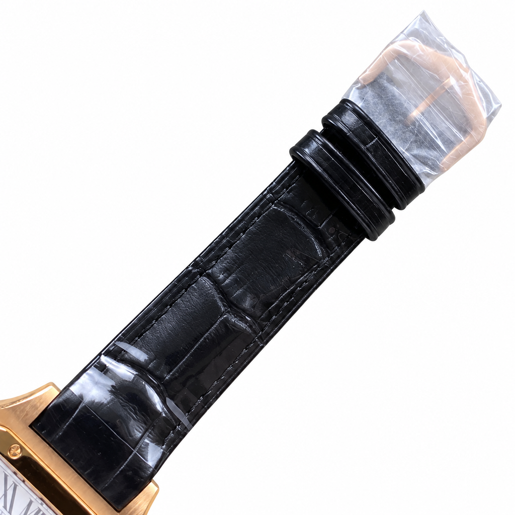 Cartier Santos-Dumont Large Rose Gold Silver Dial Manual Black Strap Watch – KDY