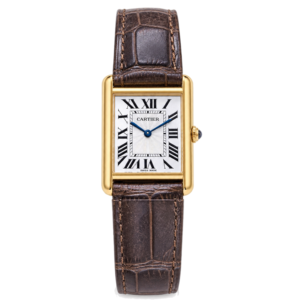 Cartier Tank Louis Cartier Large — 18K Yellow Gold, White Dial, Roman Numerals & Brown Alligator Strap