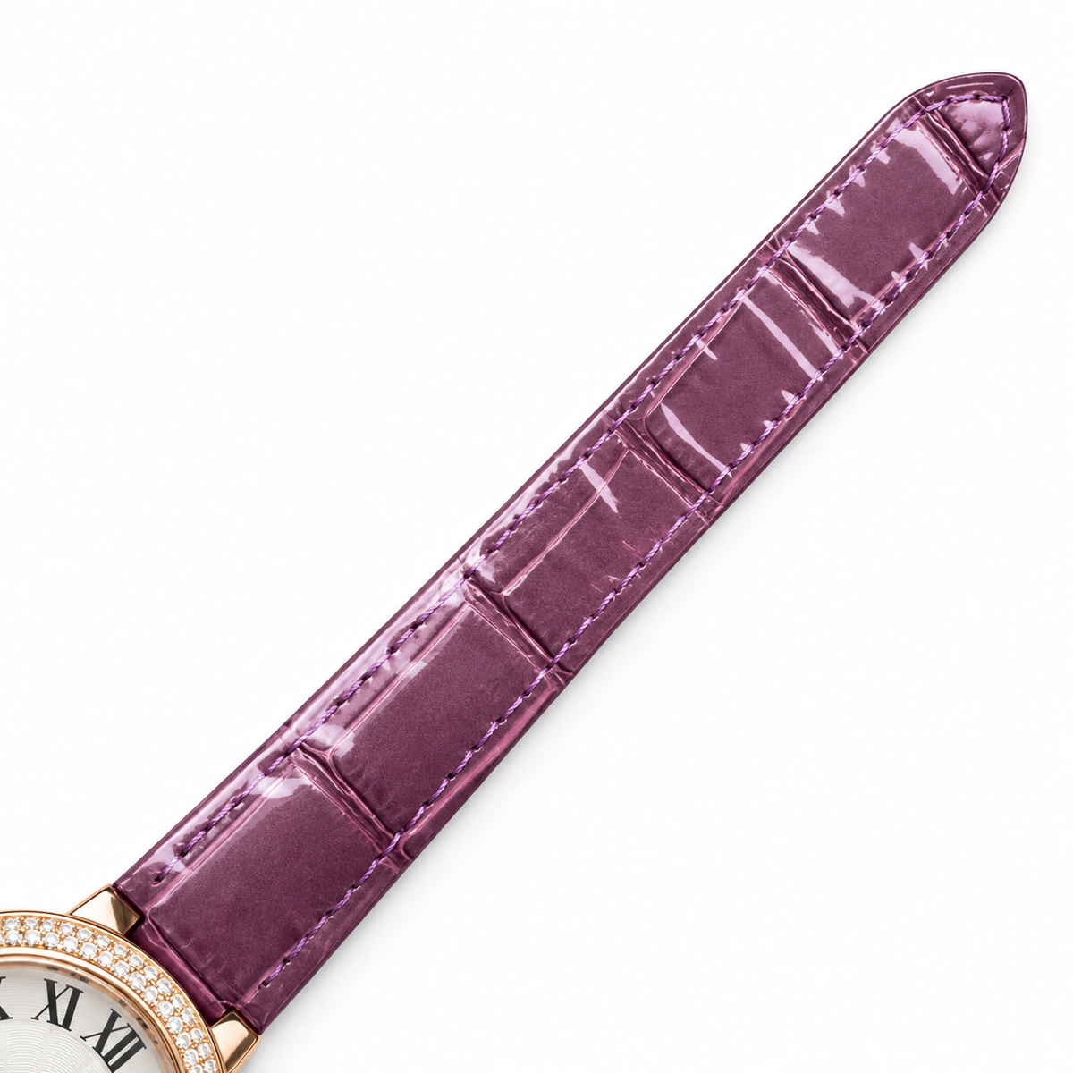 Cartier Ballon Bleu 33mm — 18K Rose Gold, Diamond Bezel, Silver Dial & Purple Alligator Strap, Automatic