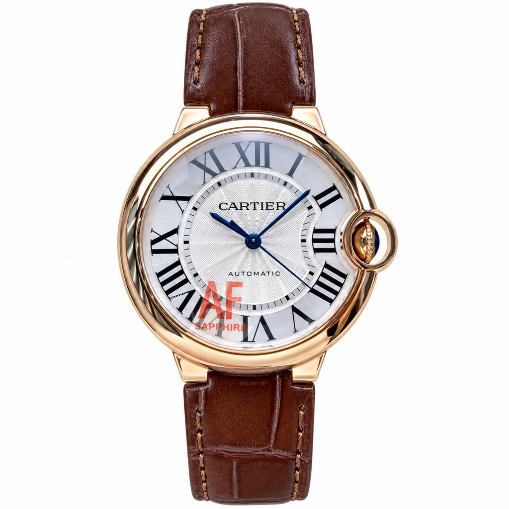 Cartier Ballon Bleu 36mm — 18K Rose Gold, Silver Dial, Roman Numerals & Brown Alligator Strap, Automatic