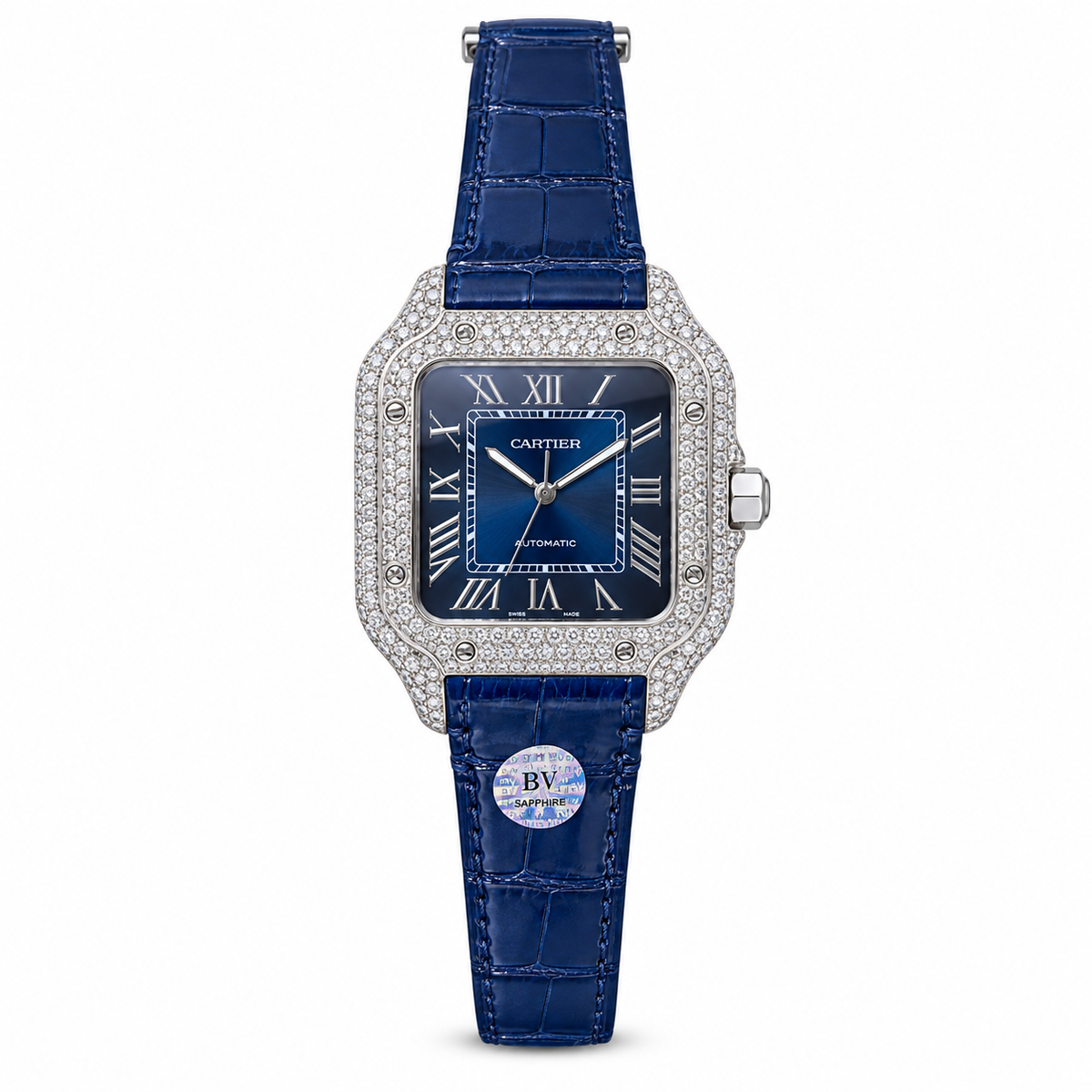 Cartier Santos de Cartier Large — Steel, Diamond Bezel, Blue Dial, Roman Numerals & Blue Alligator Strap, Automatic