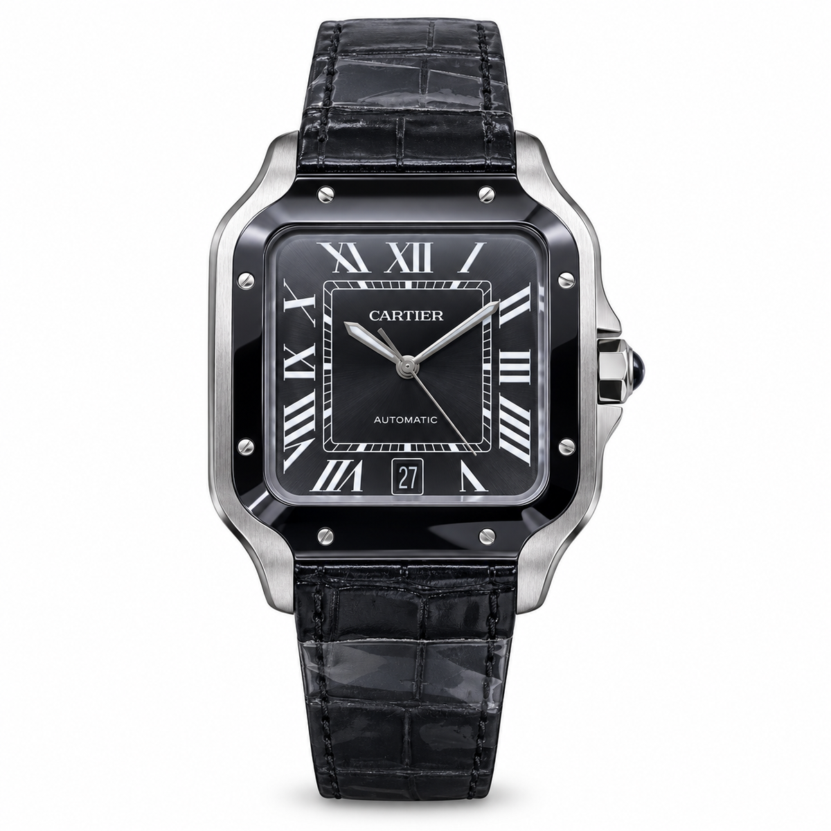 Cartier Santos Automatic Black Ceramic Bezel Alligator Leather Luxury Watch Swiss Made