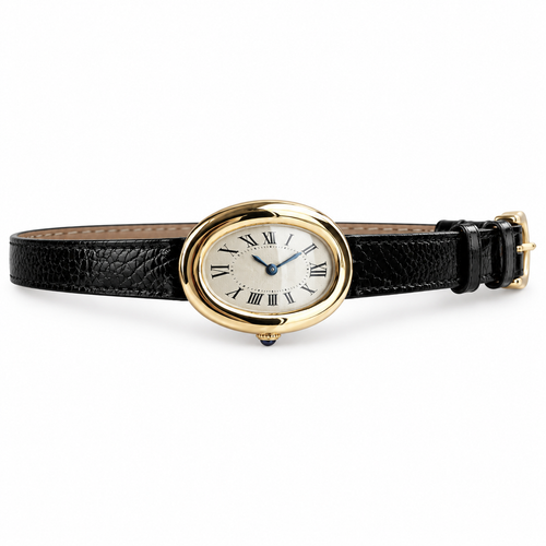 Cartier Baignoire — 18K Yellow Gold, Cream Oval Dial, Roman Numerals & Black Alligator Strap, Women