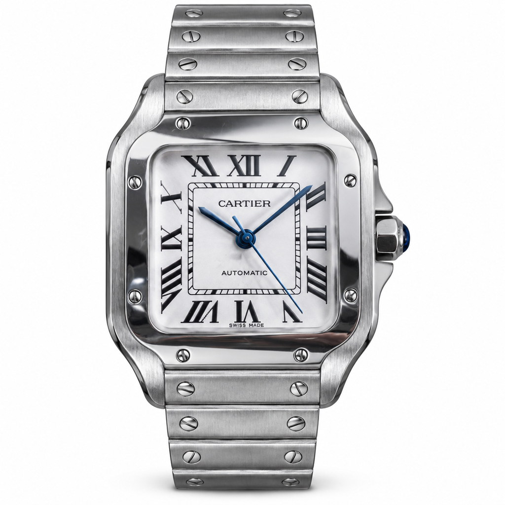 Cartier Santos Automatic White Dial Blue Hands Stainless Steel Bracelet Luxury Watch Swiss Made