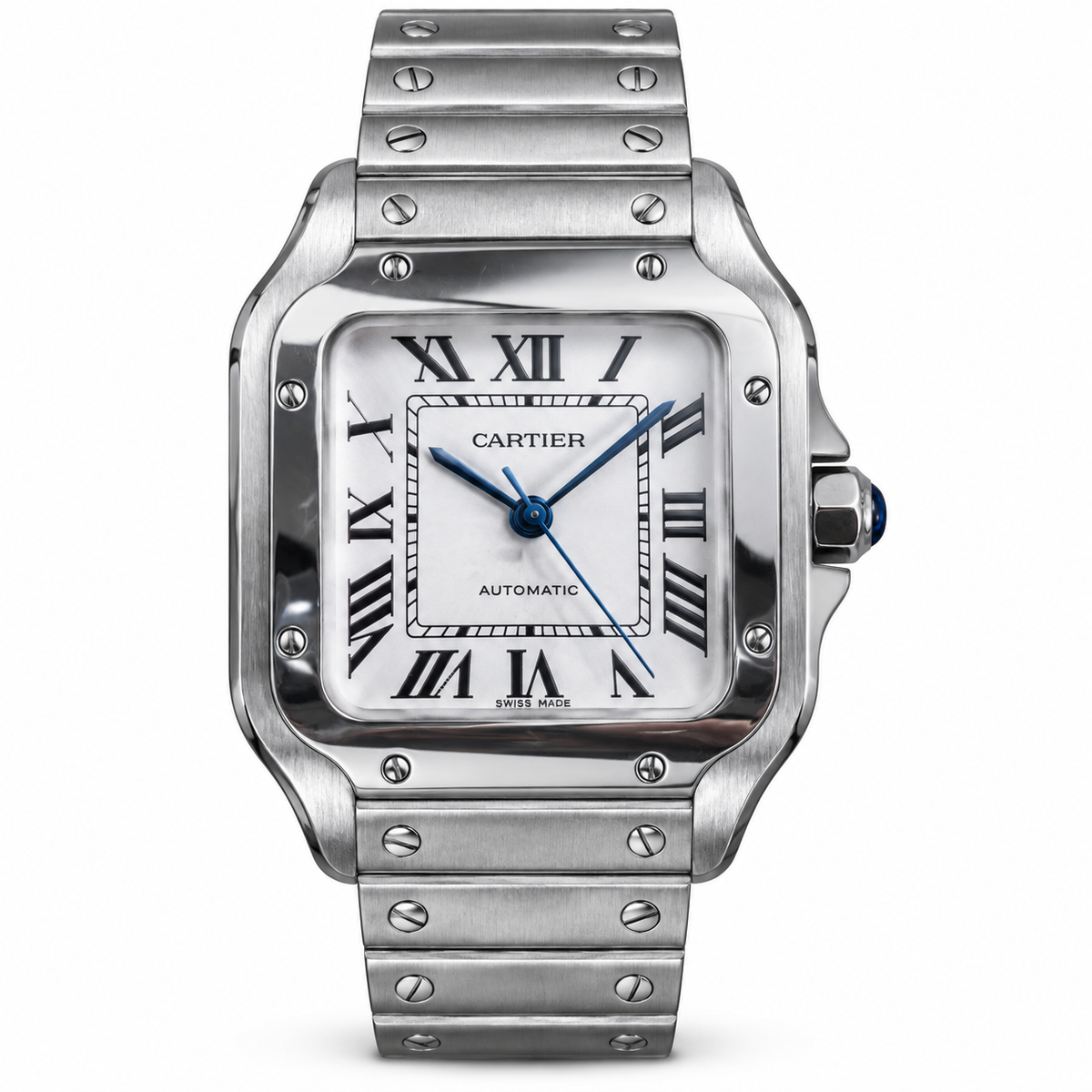 Cartier Santos Automatic White Dial Blue Hands Stainless Steel Bracelet Luxury Watch Swiss Made