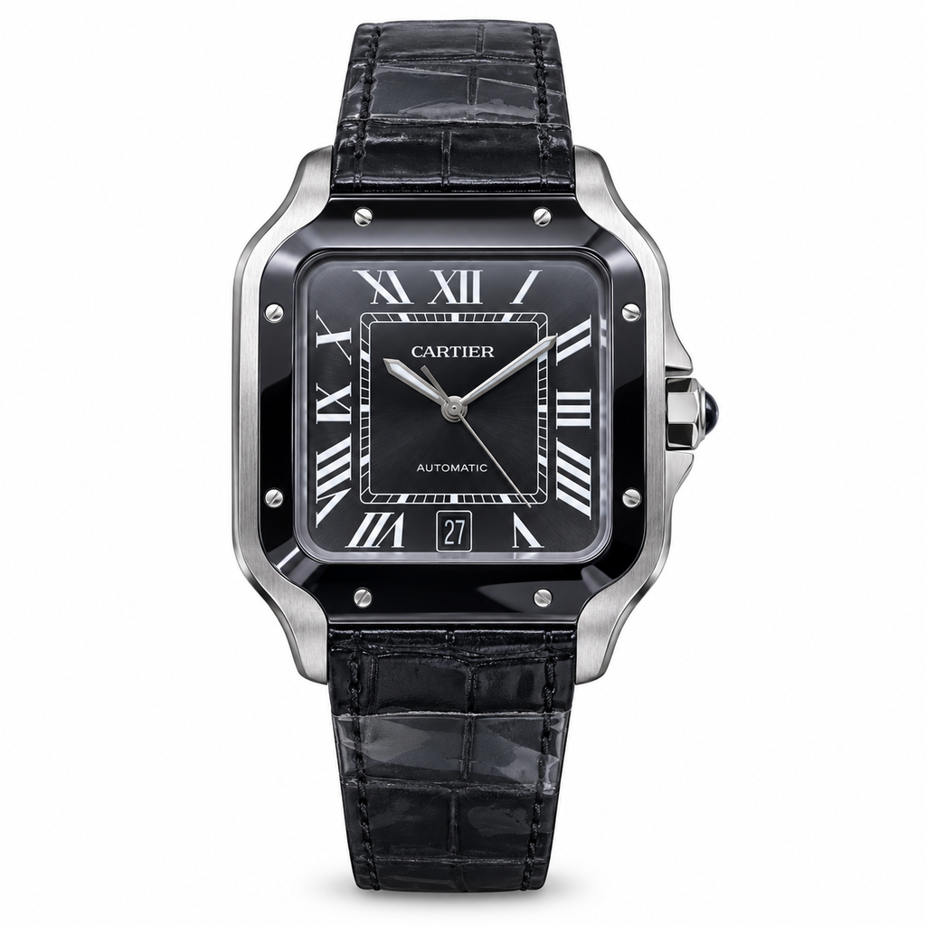 Cartier Santos Automatic Black Ceramic Bezel Leather Strap Watch