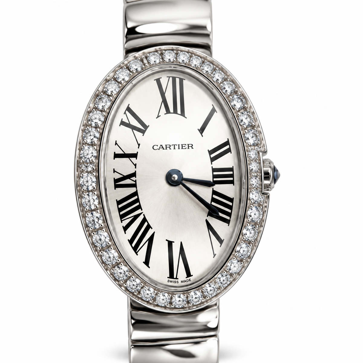 Cartier Baignoire Large — 18K White Gold, Diamond Bezel, Silver Dial, Roman Numerals & White Gold Bracelet, Women