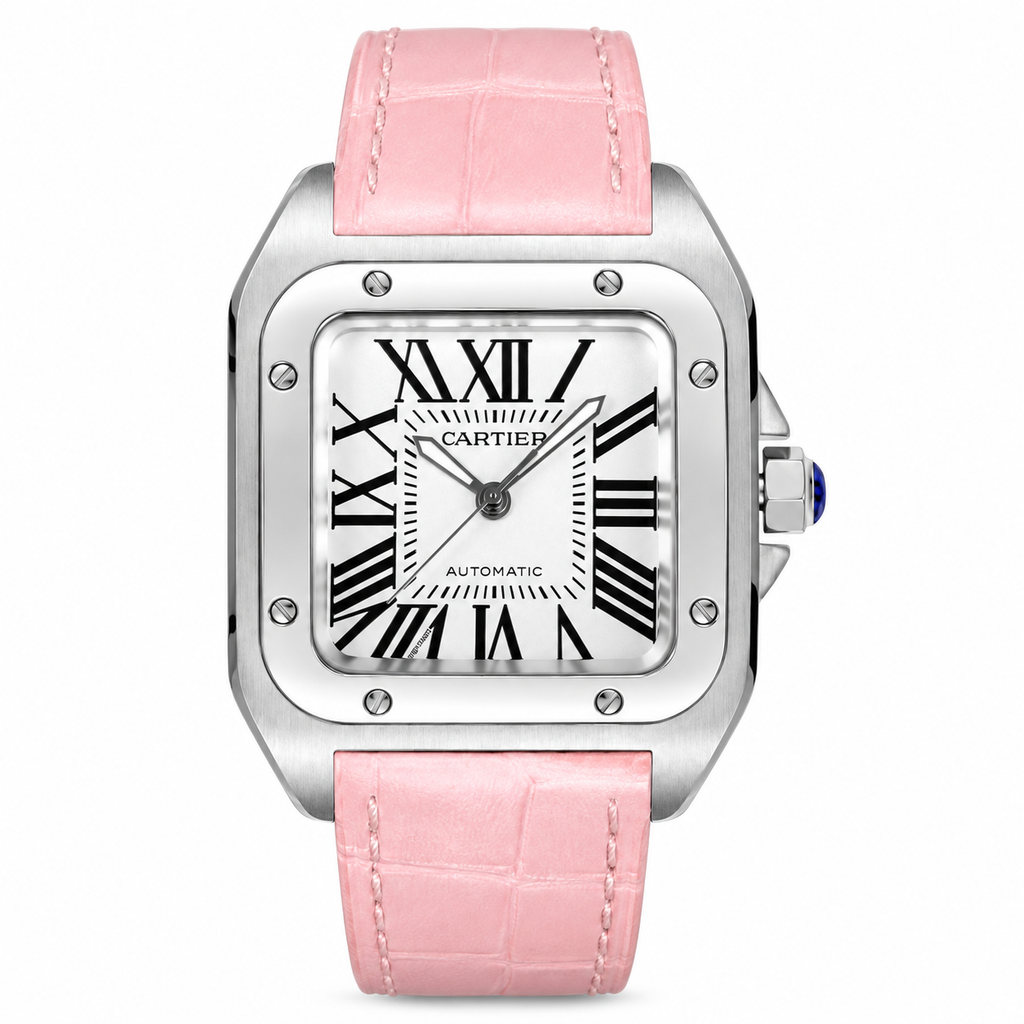 Cartier Santos de Cartier Automatic — Steel, White Dial & Pink Alligator Strap