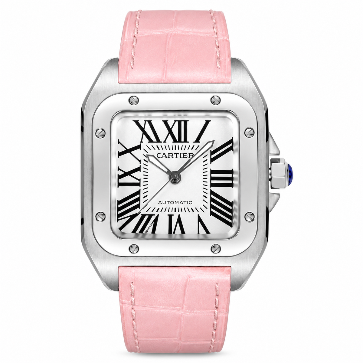 Cartier Santos de Cartier Automatic — Steel, White Dial & Pink Alligator Strap