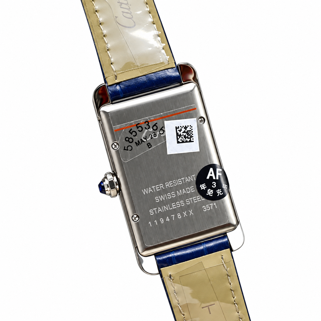 Cartier Tank Américaine — 18K White Gold, Silver Dial & Blue Alligator Strap