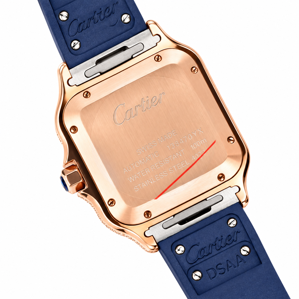 Cartier Santos de Cartier Automatic — 18K Rose Gold, Full Diamond Bezel, Grey Arabic Dial & Navy Rubber Strap, Large