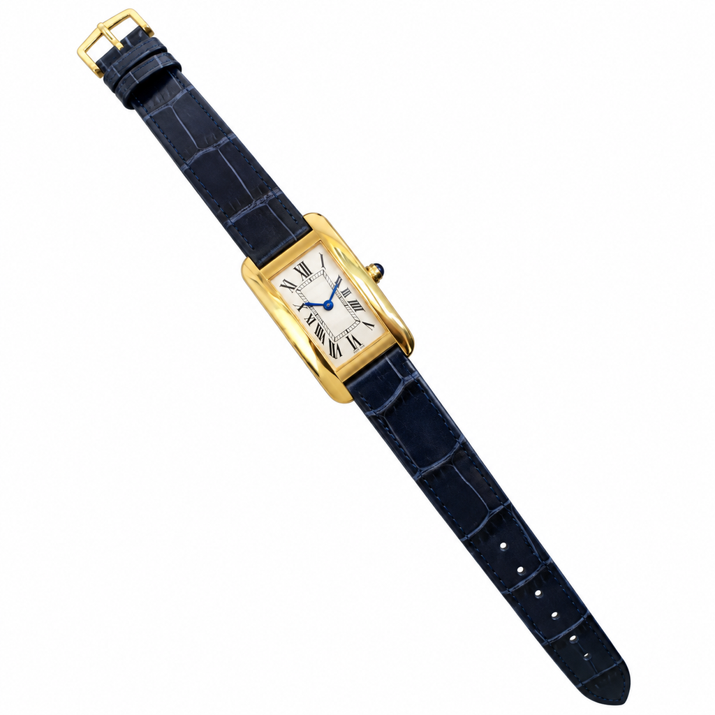 Cartier Tank Américaine — 18K Yellow Gold, Silver Dial & Navy Alligator Strap, Large