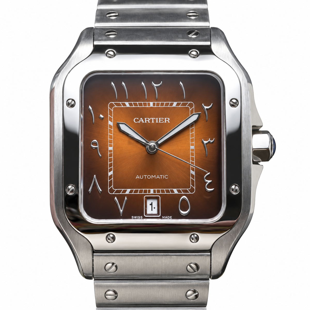 Cartier Santos Large — Steel, Brown Dial, Arabic Numerals, Date & Steel Bracelet, Automatic