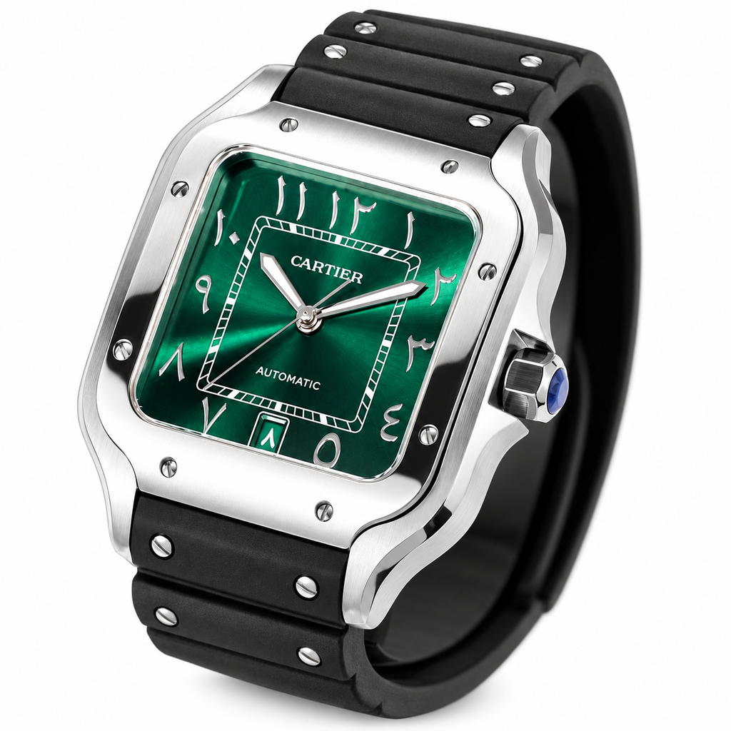 Cartier Santos de Cartier Automatic — Steel, Green Arabic Dial & Black Rubber Strap