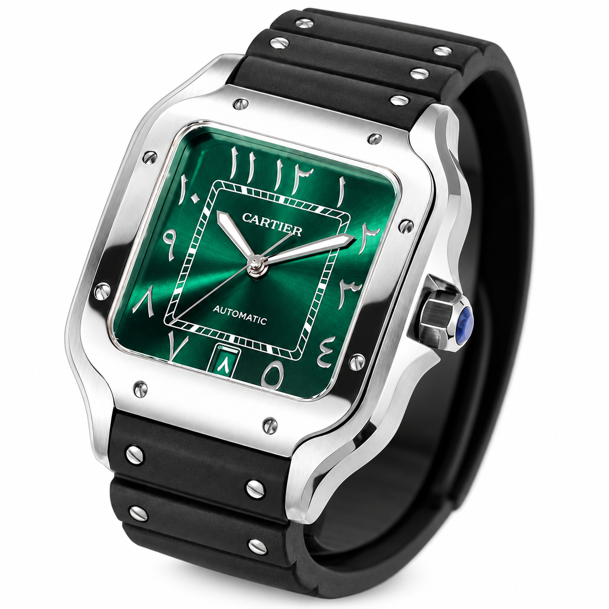 Cartier Santos de Cartier Automatic — Steel, Green Arabic Dial & Black Rubber Strap