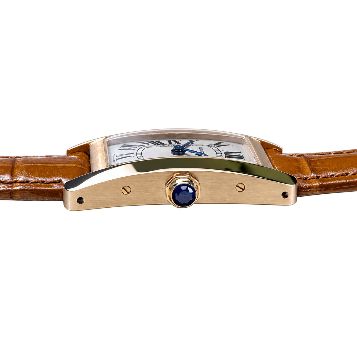 Cartier Tank Américaine Small — 18K Rose Gold, Silver Dial, Roman Numerals & Brown Alligator Strap, Women