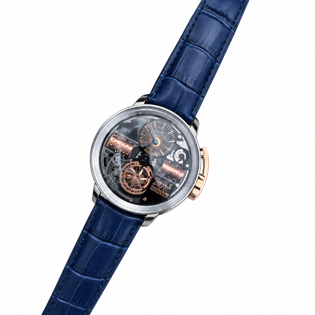 Louis Moinet Tourbillon Rose Gold Sunburst Skeleton Blue Leather Watch