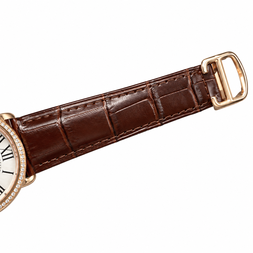 Cartier Ronde Louis Cartier — 18K Rose Gold, Diamond Bezel, Silver Guilloché Dial, Small Seconds, Date & Brown Alligator Strap, Automatic