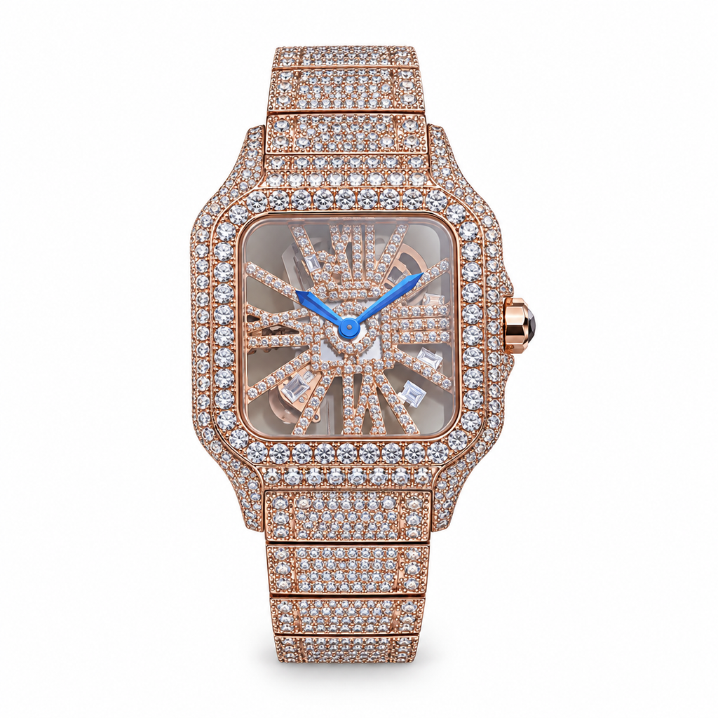 Cartier Santos Full Pavé Diamond Rose Gold Skeleton Dial Iced Out Watch
