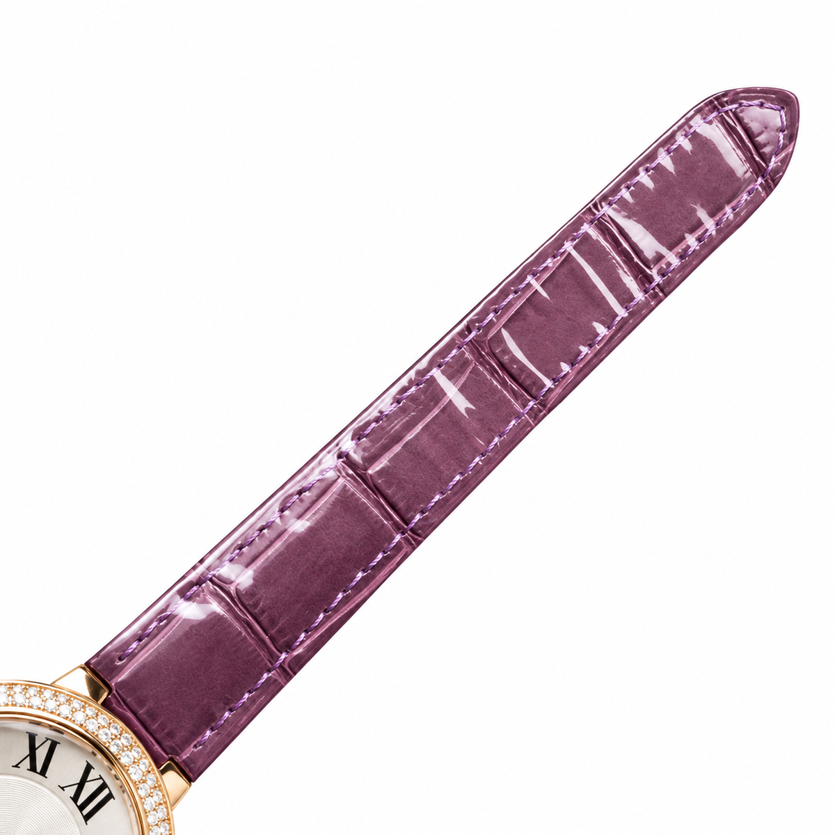 Cartier Ballon Bleu de Cartier 36mm — 18K Rose Gold, Double Diamond Bezel, Silver Guilloché Dial & Purple Alligator Strap, Automatic