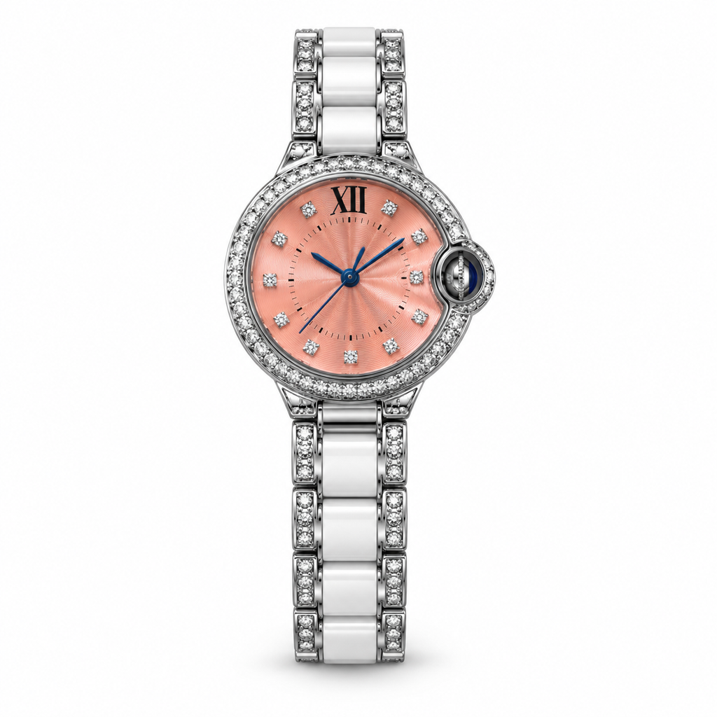 Cartier Ballon Bleu de Cartier — Diamond Bezel, Pink Dial & White Ceramic Bracelet