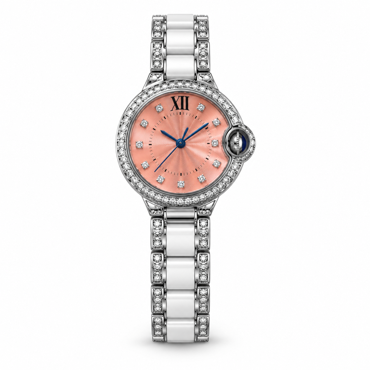 Cartier Ballon Bleu de Cartier — Diamond Bezel, Pink Dial & White Ceramic Bracelet