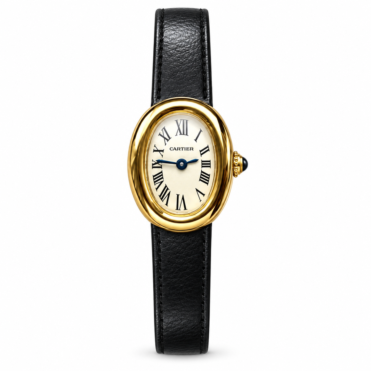 Cartier Baignoire Mini 18K Yellow Gold Ivory Dial Black Leather Strap Watch