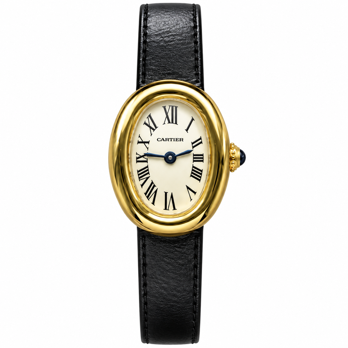 Cartier Baignoire Vintage Small — 18K Yellow Gold, Cream Dial, Roman Numerals & Black Leather Strap, Women