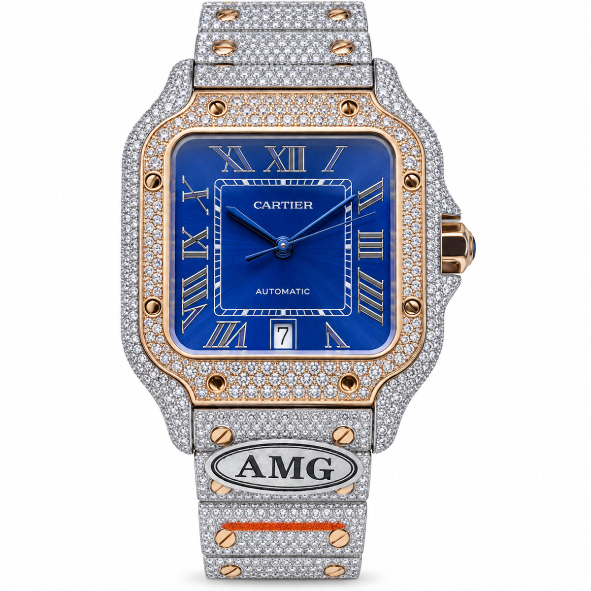 Cartier Santos de Cartier Large — Steel & Rose Gold, Full Iced-Out Diamonds, Blue Dial, Date & Diamond Bracelet, Automatic