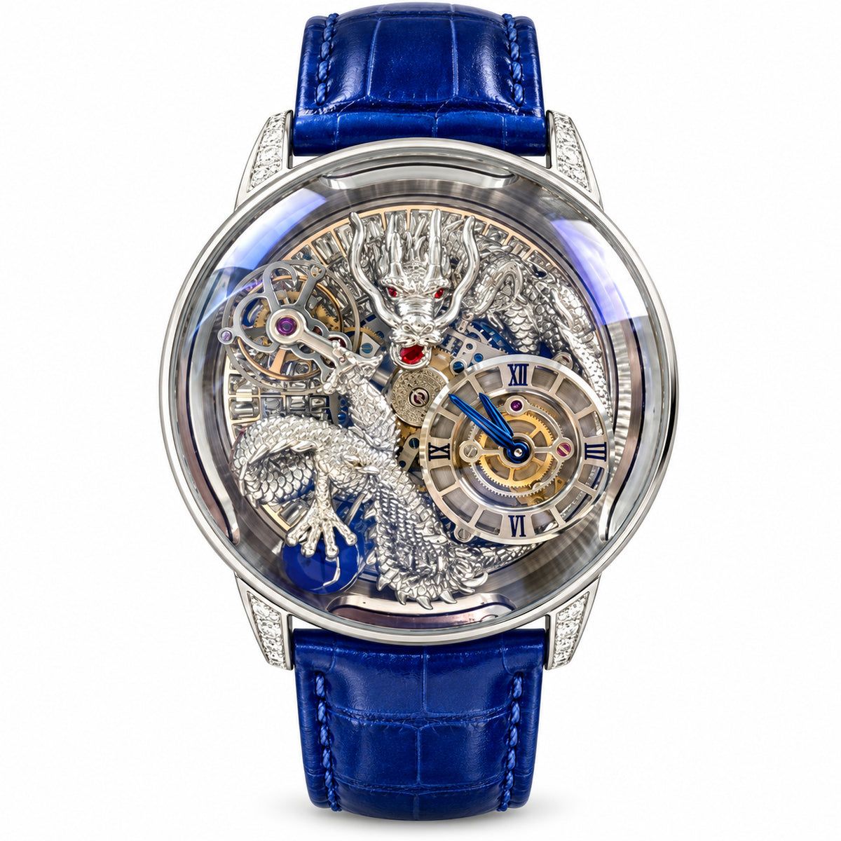 Jacob & Co. Astronomia Dragon 18K White Gold Triple-Axis Tourbillon 3D Dragon Sculpture Ruby Eyes Blue Sapphire Orb Diamond Blue Leather Watch