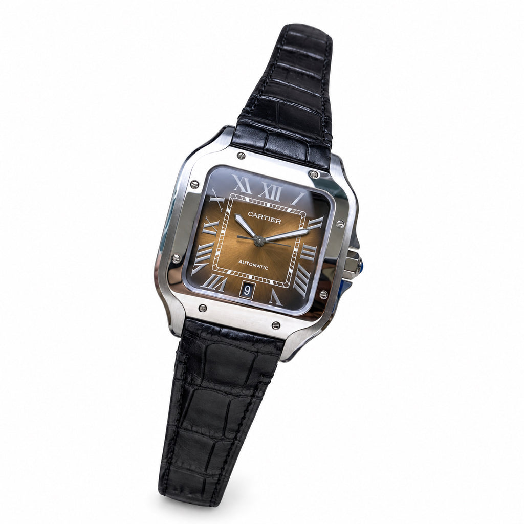 Cartier Santos de Cartier Automatic — Steel, Smoked Brown Dial & Black Alligator Strap, Large