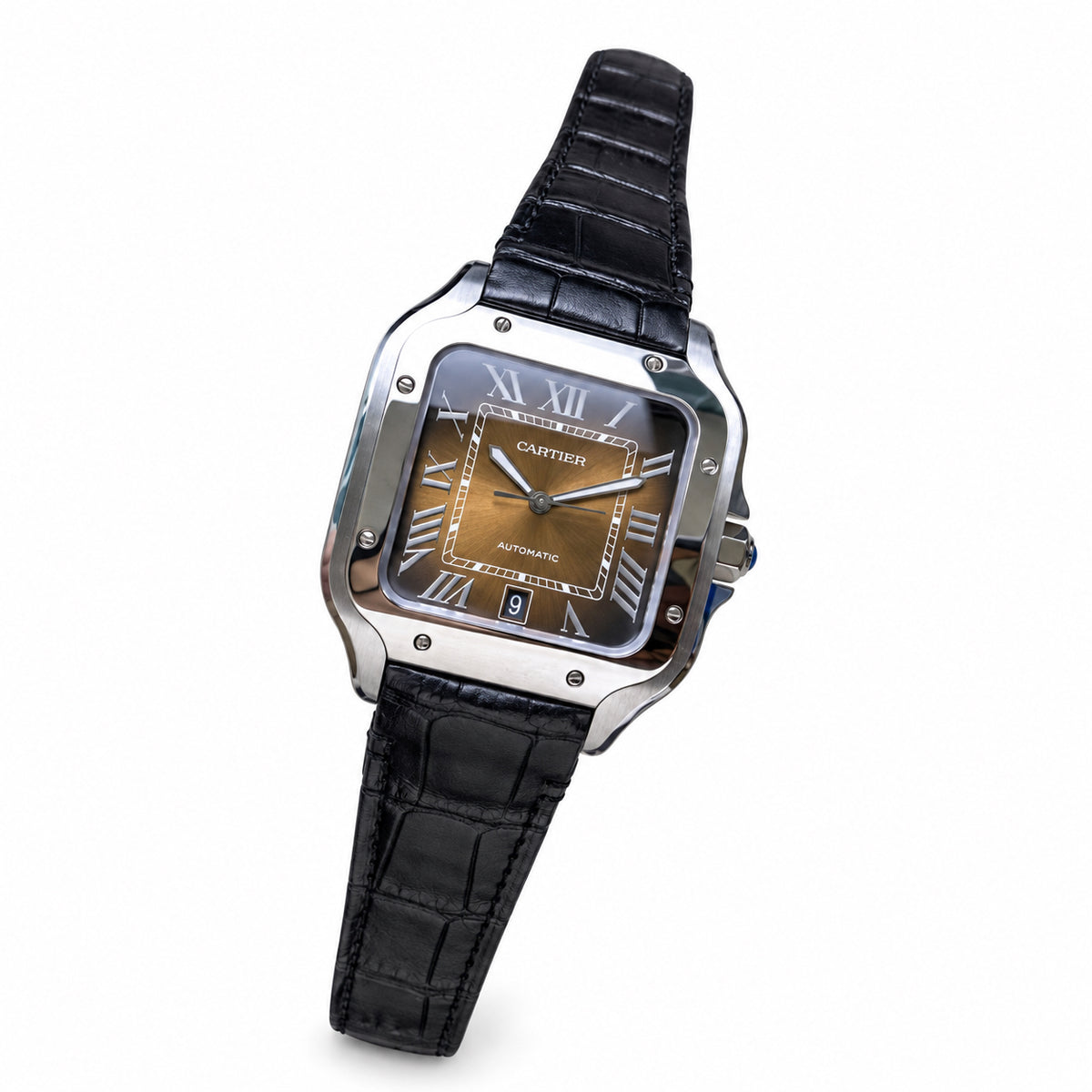 Cartier Santos de Cartier Automatic — Steel, Smoked Brown Dial & Black Alligator Strap, Large
