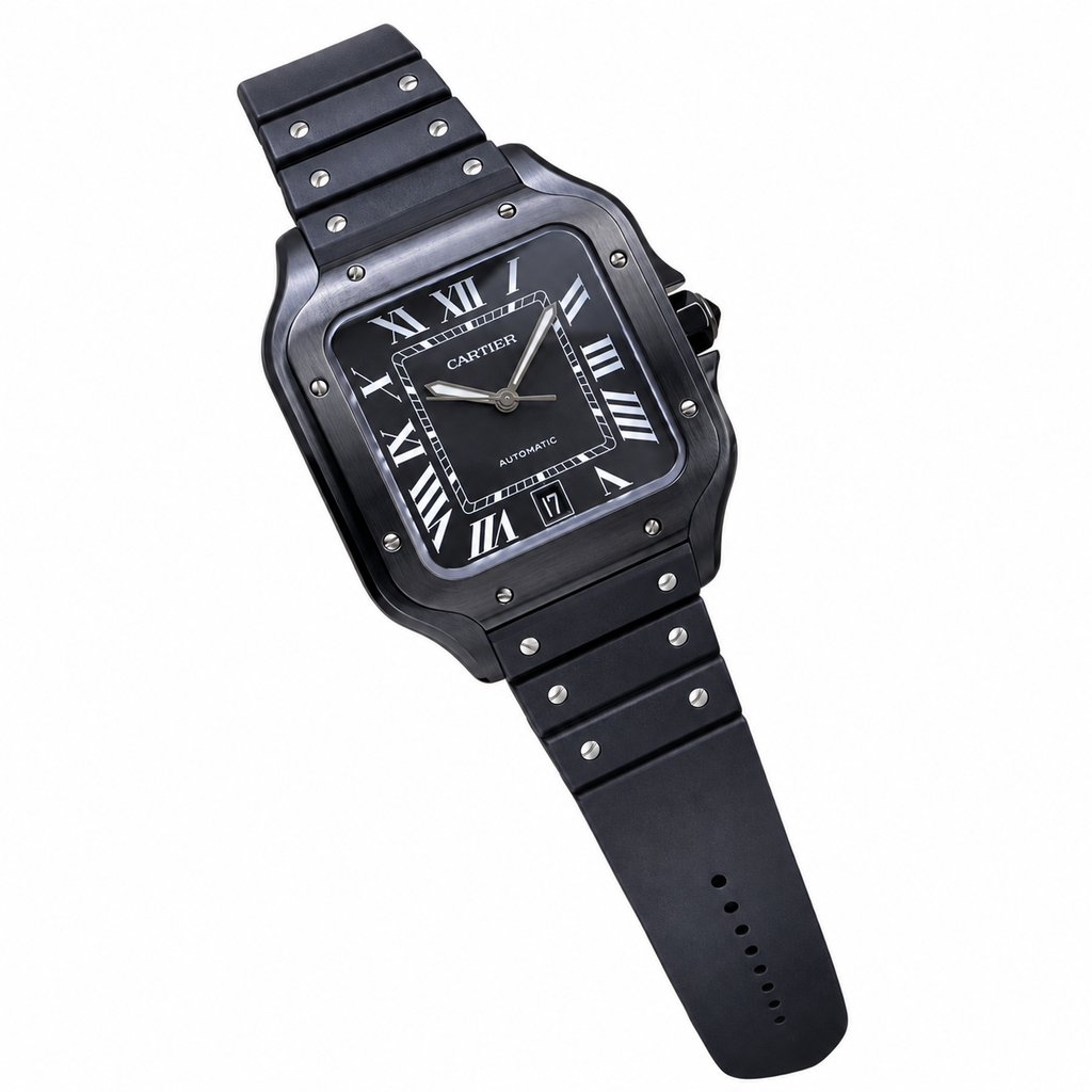 Cartier Santos de Cartier Automatic — Full Black ADLC, Black Dial & Rubber Strap