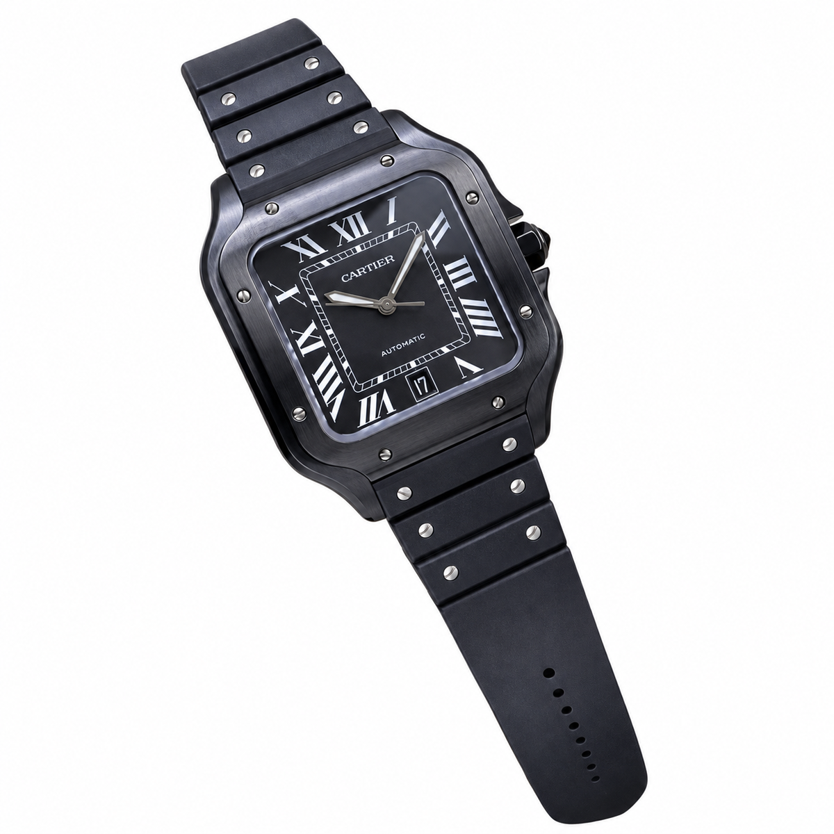 Cartier Santos de Cartier Automatic — Full Black ADLC, Black Dial & Rubber Strap